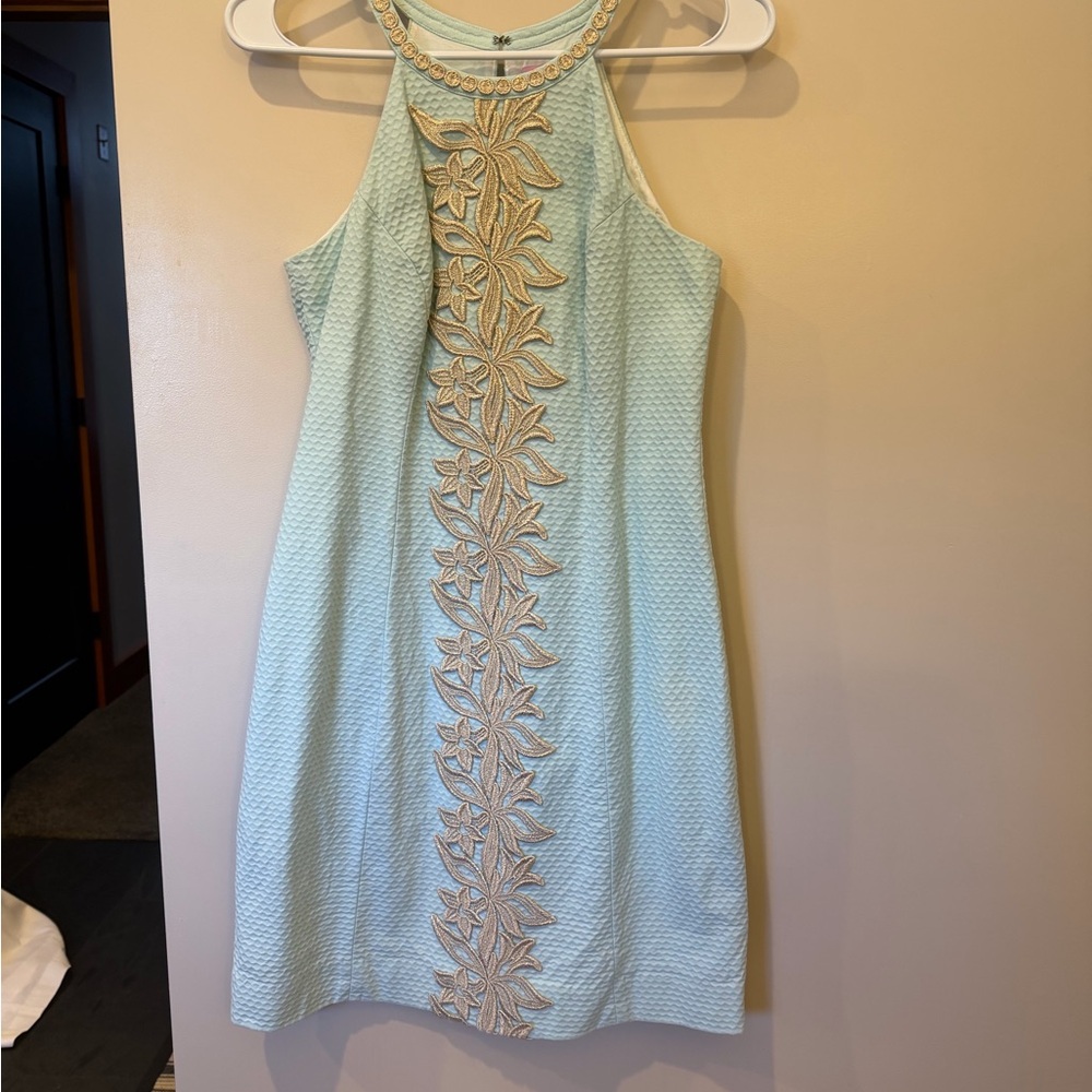 Chic Mint Dress with Gold Floral Design